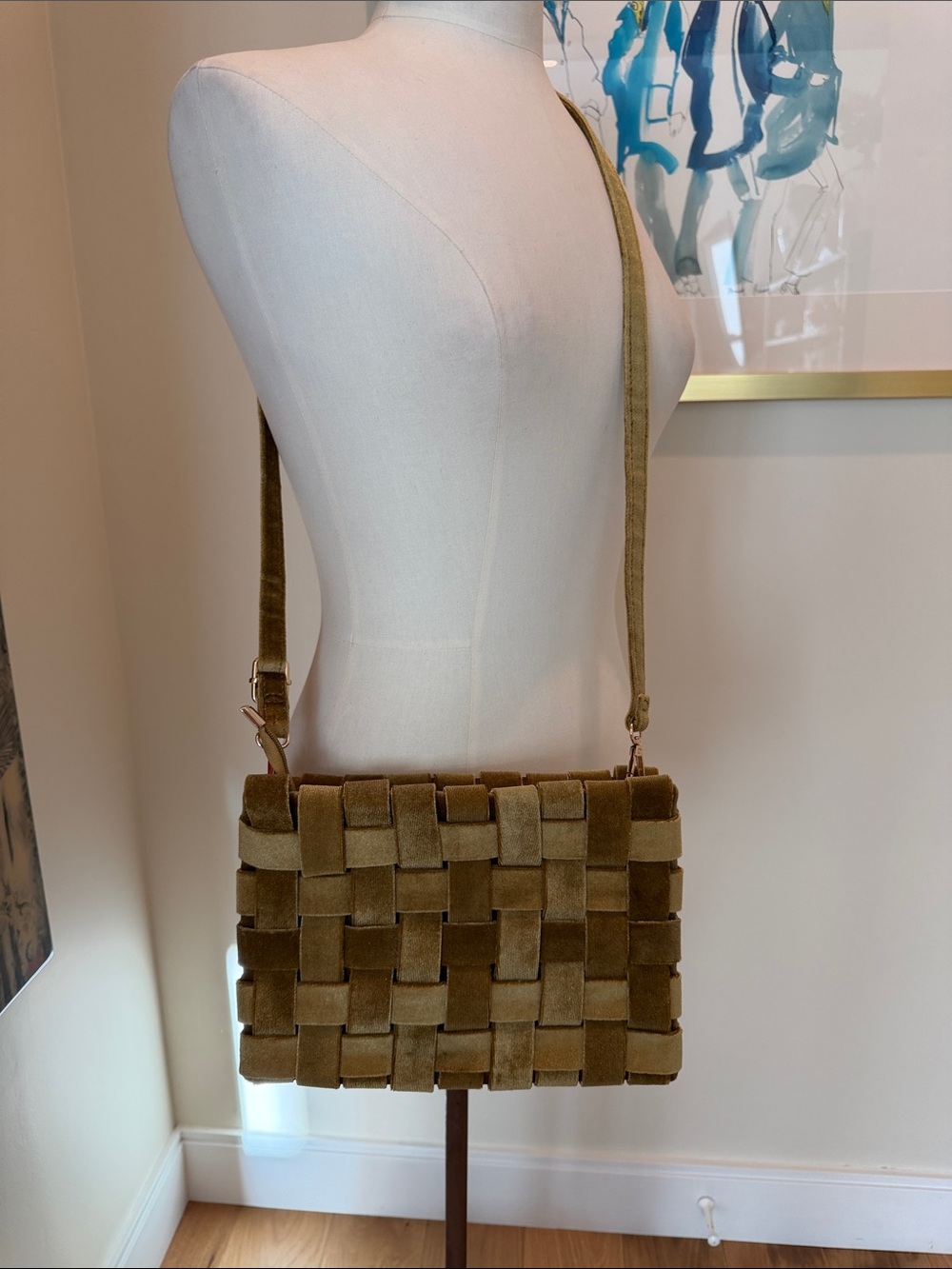 Anthropologie Lindy Woven Velvet Clutch Crossbody in Olive Green